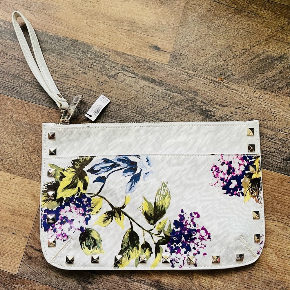 WHBM $69 White Floral Wristlet Clutch with Stud Accents